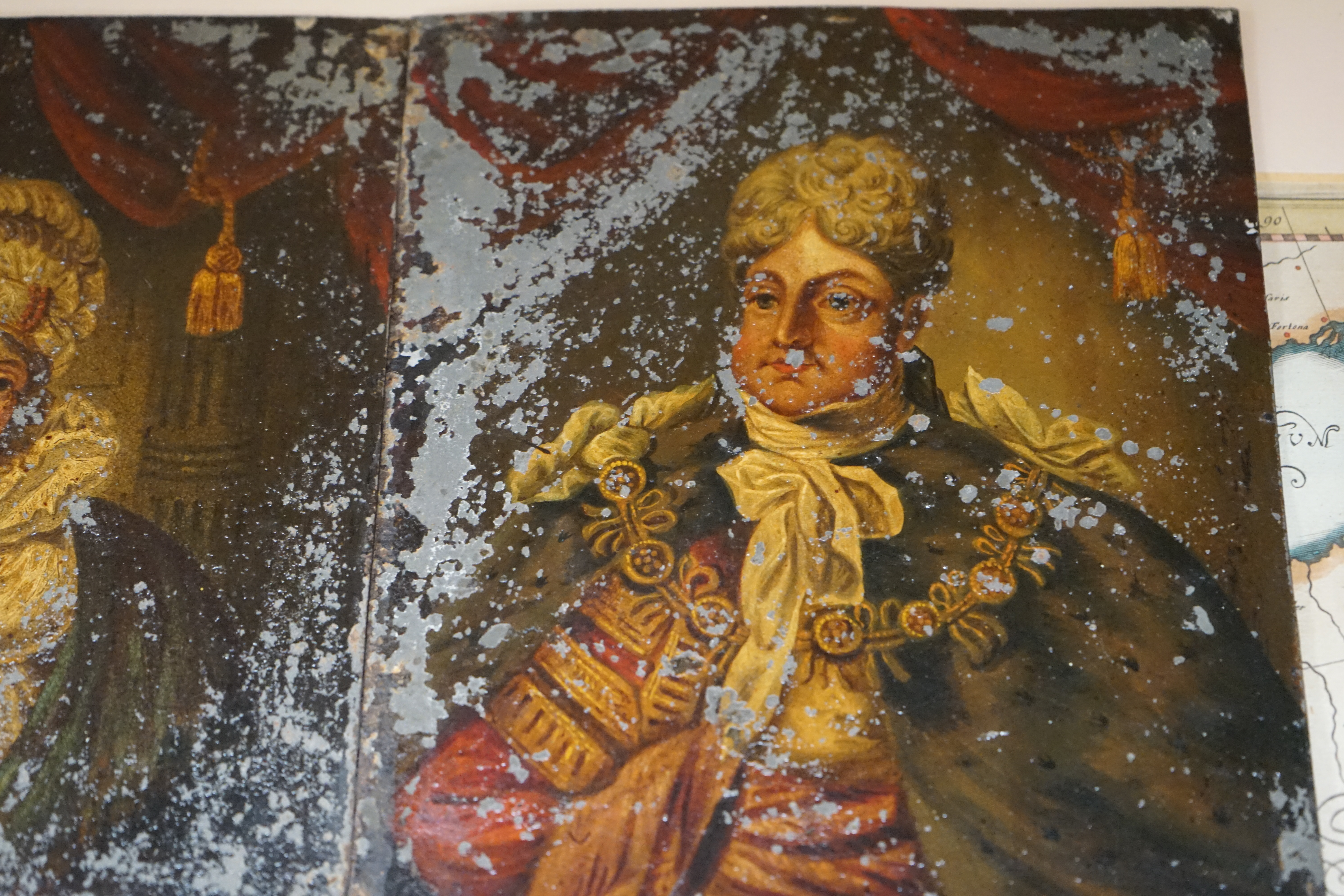 Early 19th century School, pair of oils on tin, Portraits of King George IV and Caroline of Brunswick, 20 x 16cm, unframed. Condition - poor, flaking and paint loss all over